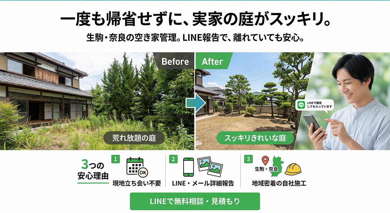一度も帰省せずに、実家の庭がスッキリ。生駒・奈良の空き家管理。LINE＆メール報告で、離れていても安心。