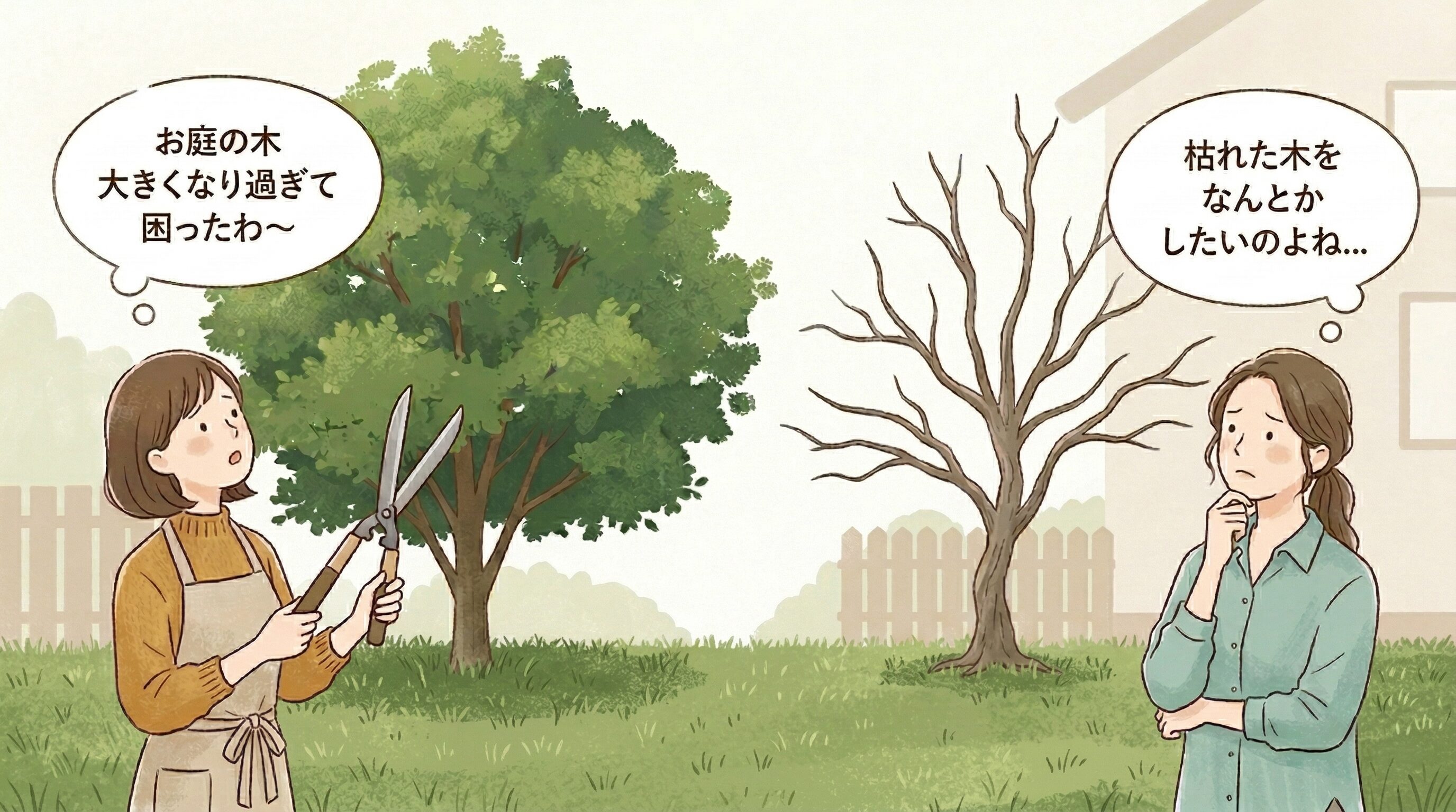 大きく生い茂った庭木・枯れ木の前で悩む主婦