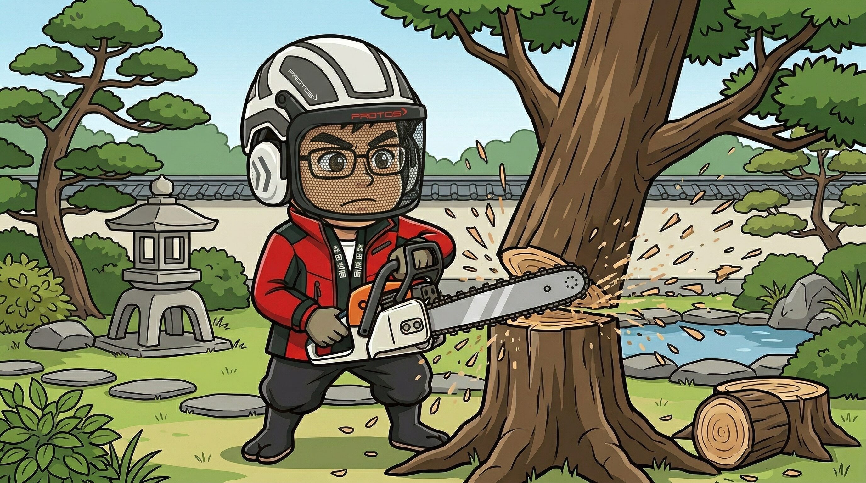 チェーンソーを使い庭木を伐採するイラスト